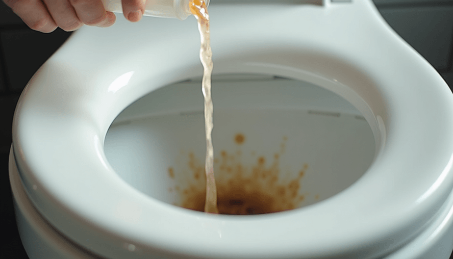Close-up view of a toilet bowl with visible stains being cleaned