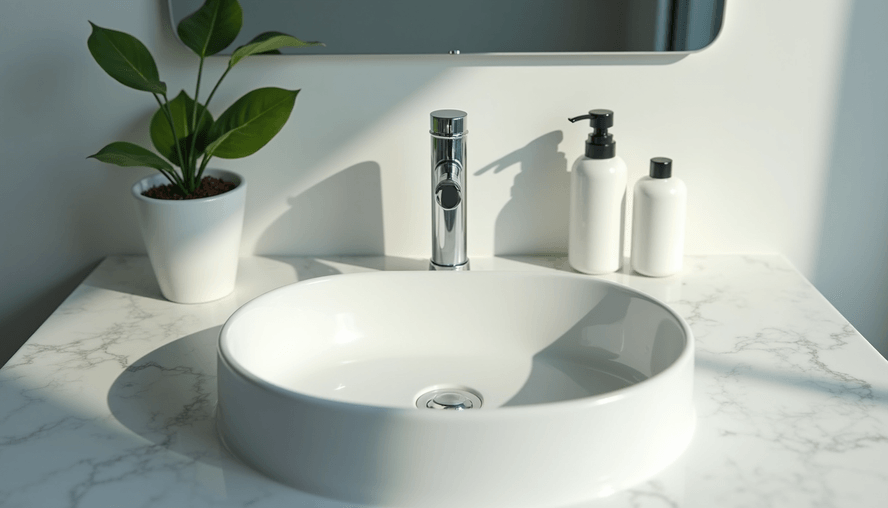 Eye-level view of a clean bathroom sink and mirror with sparkling surfaces