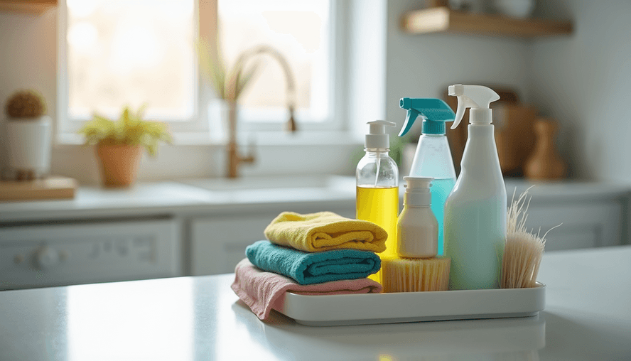 Eye-level view of a cleaning caddy filled with various cleaning supplies on a kitchen counter