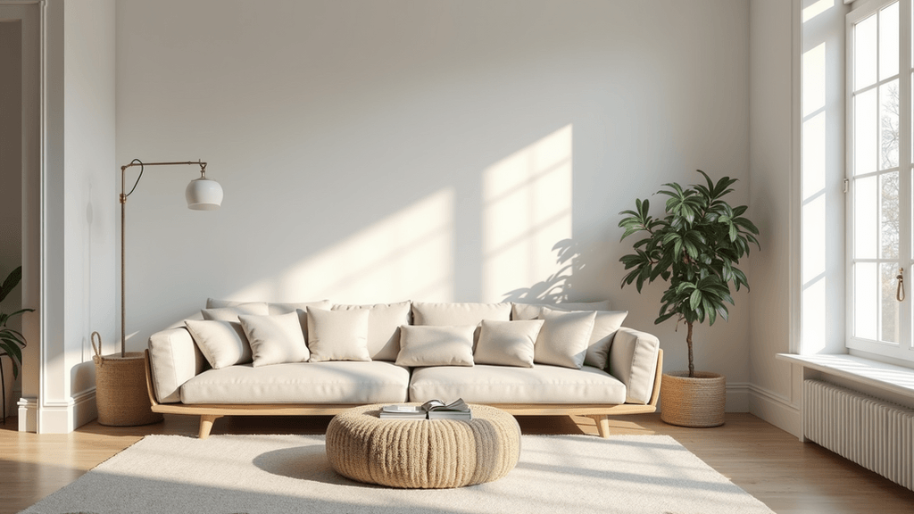 Eye-level view of a neatly organized living room with minimal decor