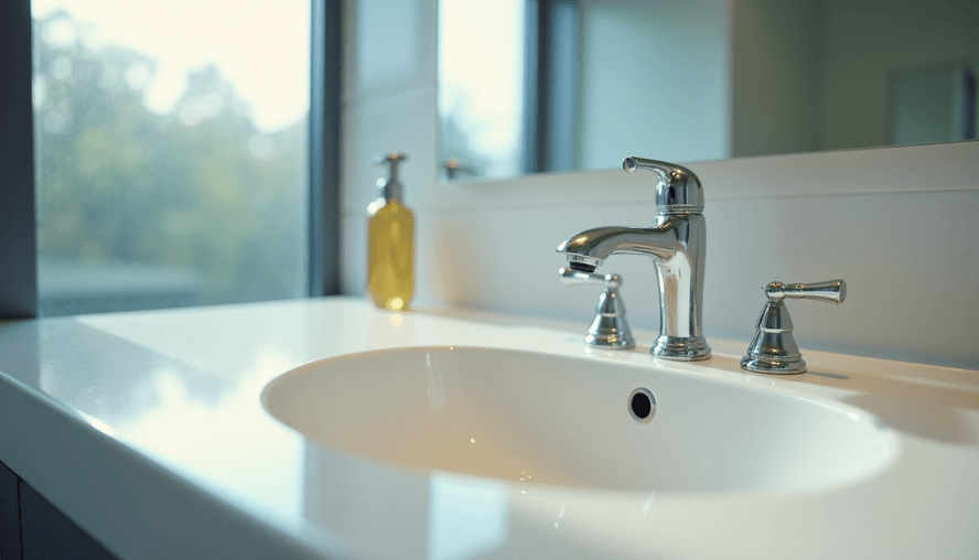 Eye-level view of a clean bathroom sink with a shiny faucet and clear countertop