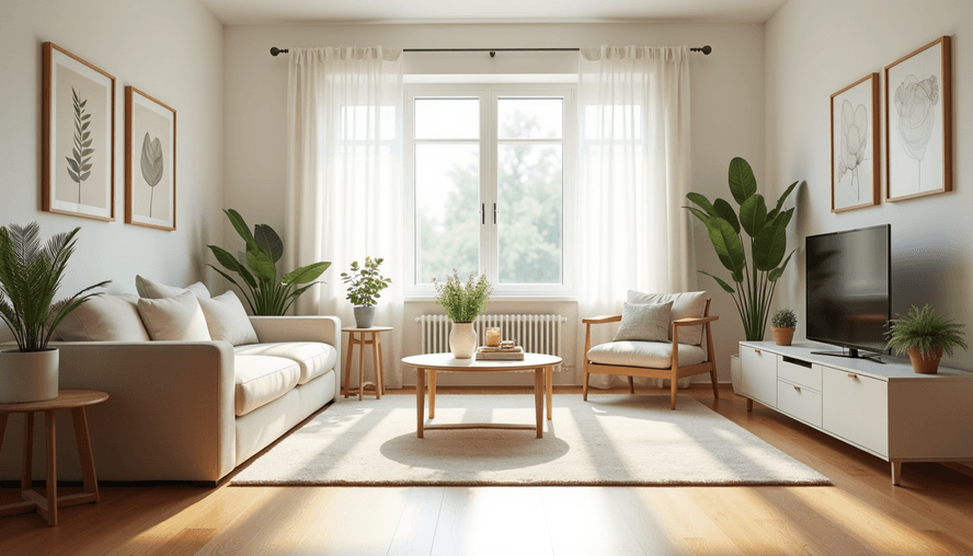 Eye-level view of a living room with freshly cleaned surfaces and organized furniture