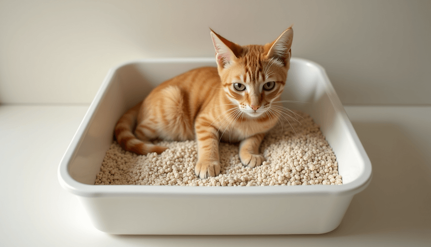 Close-up view of a clean cat litter box with fresh litter