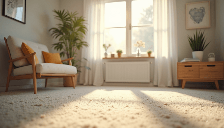 Eye-level view of a freshly cleaned living room with sunlight streaming through windows