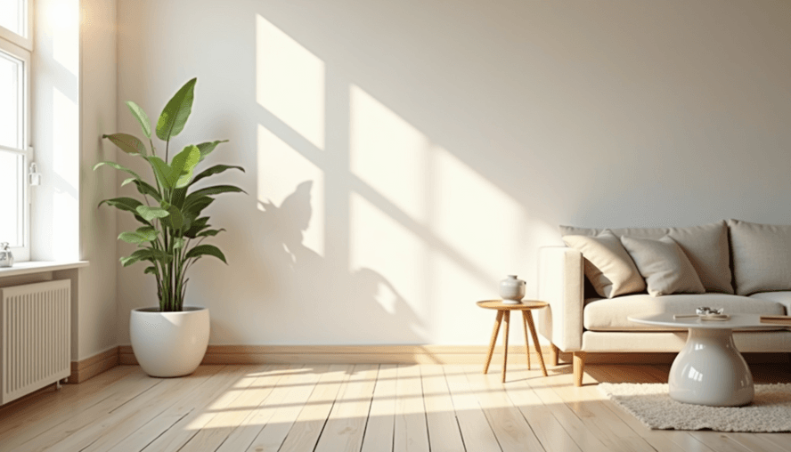 Eye-level view of a bright, organized living room with sunlight streaming through large windows