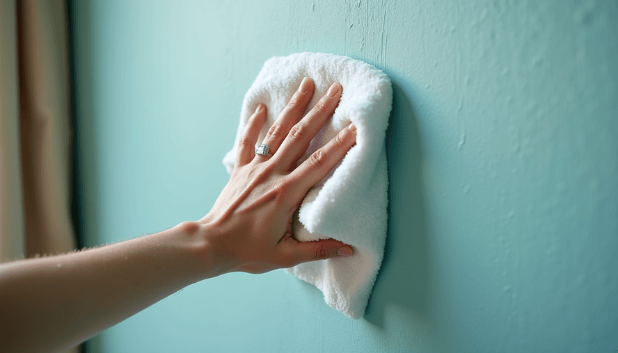 Close-up view of a clean painted wall being wiped with a soft cloth