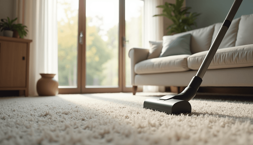 Eye-level view of a clean living room with freshly vacuumed carpet and dust-free surfaces