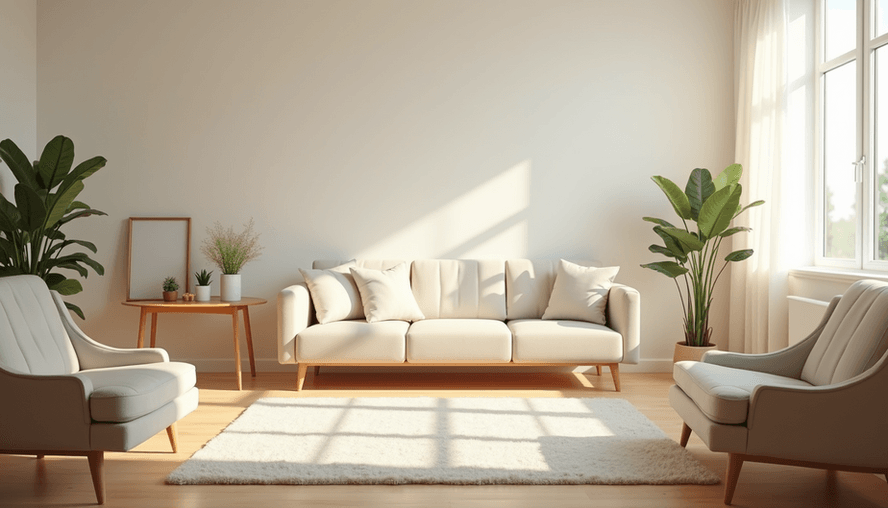 Eye-level view of a tidy living room with sunlight streaming through windows