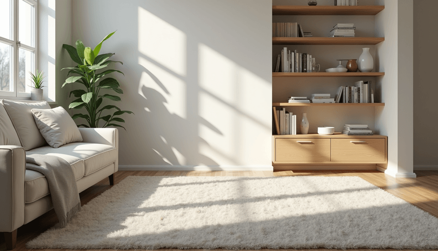 Eye-level view of a living room with freshly vacuumed carpet and organized shelves