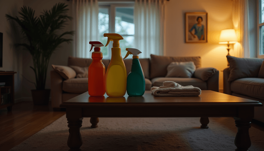 Eye-level view of a dimly lit living room with cleaning supplies left on a coffee table