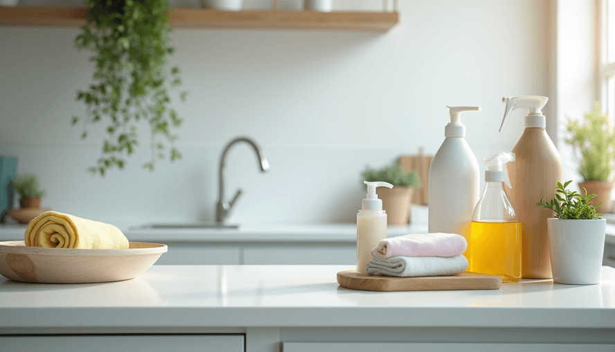 Eye-level view of a clean kitchen countertop with organized cleaning supplies