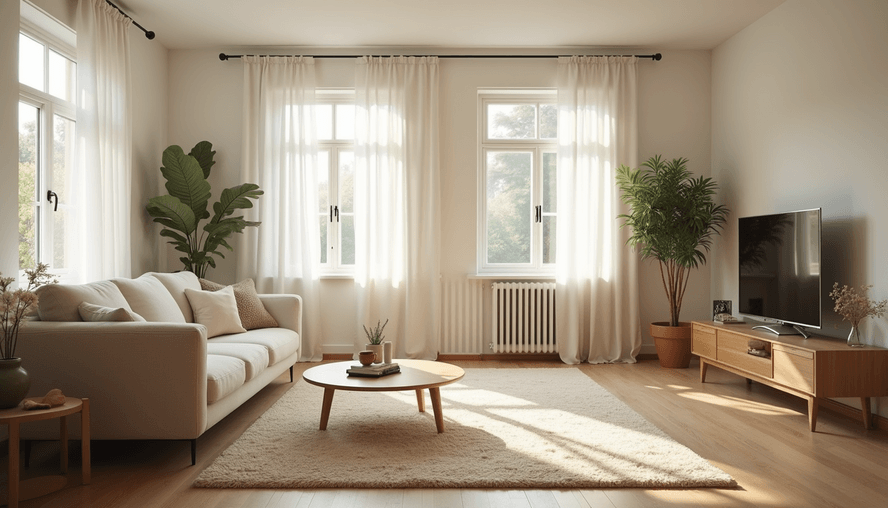 Eye-level view of a clean and organized living room with sunlight streaming through windows