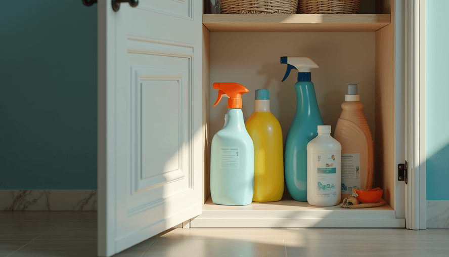 Eye-level view of a well-organized cleaning supply shelf in a home utility closet