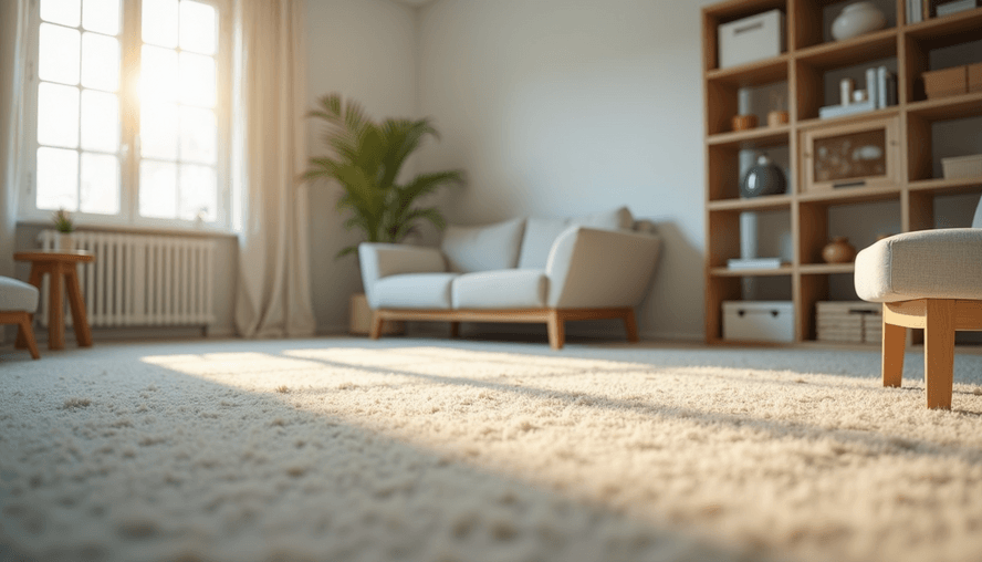 Eye-level view of a bright living room with freshly vacuumed carpet and tidy furniture