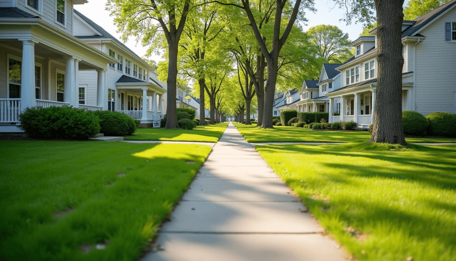 Eye-level view of a residential street with clean sidewalks and well-maintained front yards