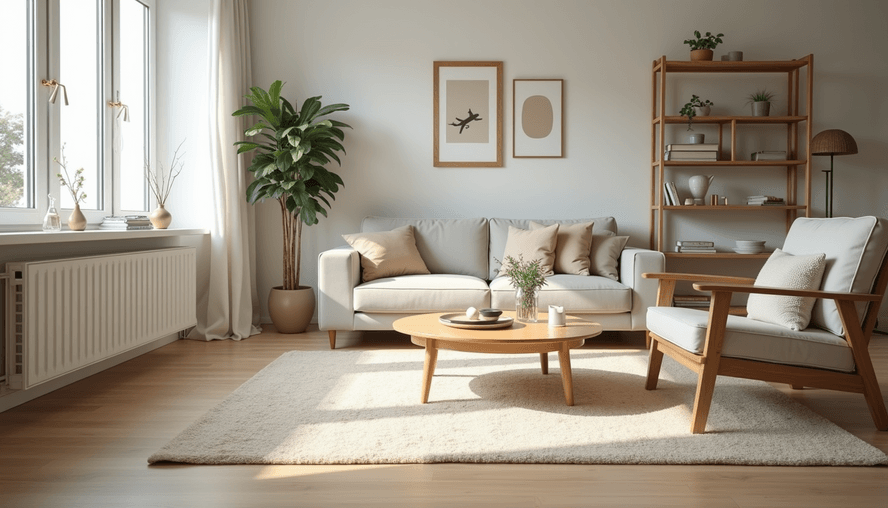 Eye-level view of a living room with freshly cleaned surfaces and organized furniture